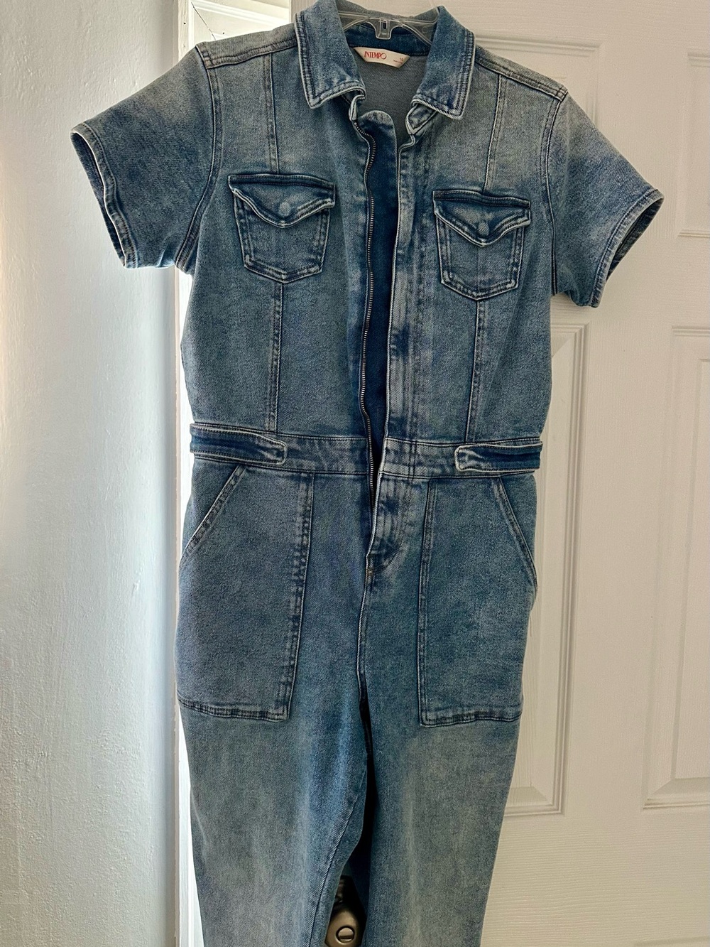 Washed Blue Denim Short-Sleeve Jumpsuit